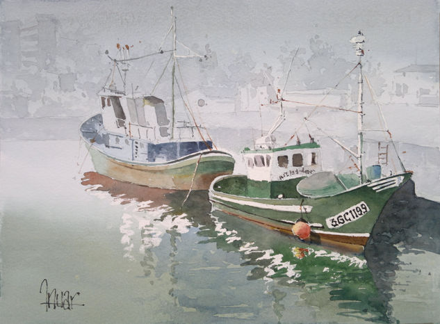 Barco verde Watercolour Paper Marine Painting