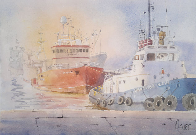 Remolcador Puerto Watercolour Paper Marine Painting