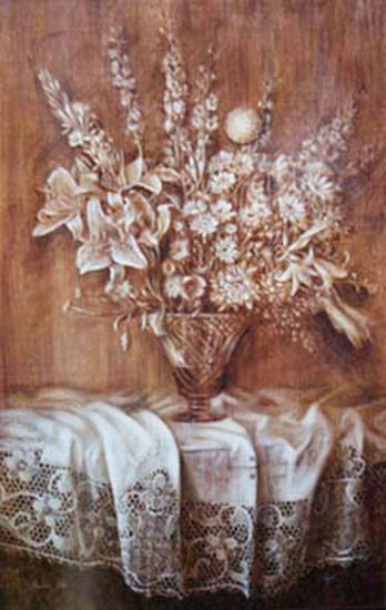 Jarron de flores con mantel de Brujas Óleo Lienzo Floral