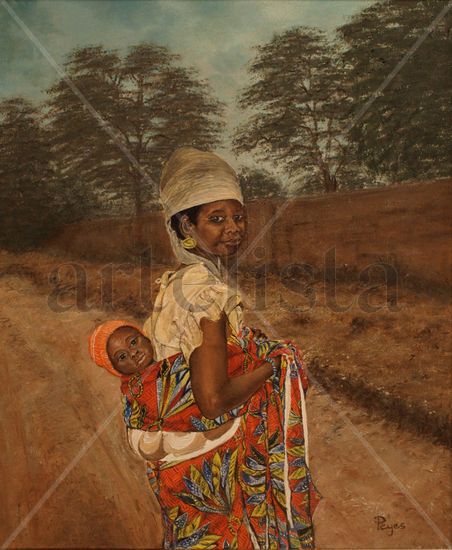 Mujer bariba con niño en la espalda Oil Canvas Landscaping