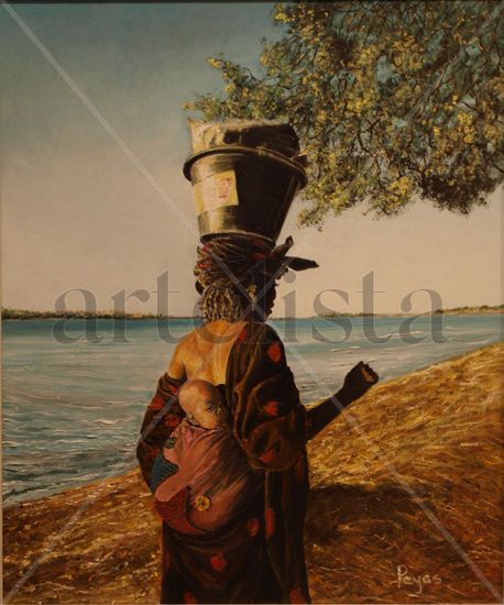 Mujer de Mopti con bebé a la espalda Oil Canvas Figure Painting