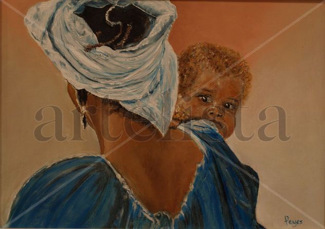 Mujer de azul con azul con niño Oil Canvas Portrait