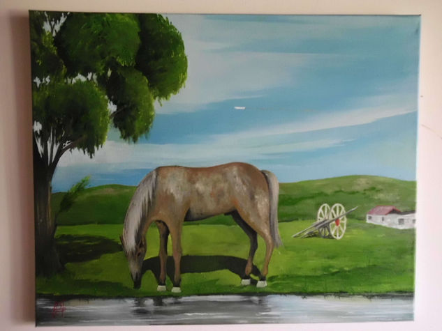 Caballo pastando con avión Oil Canvas Animals