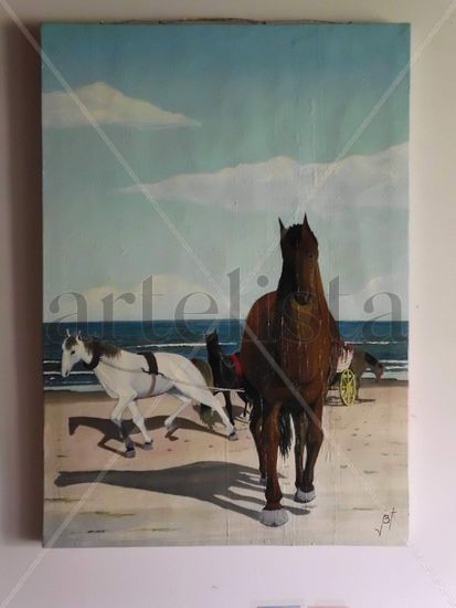 Caballos de sirga en la playa Oil Canvas Animals