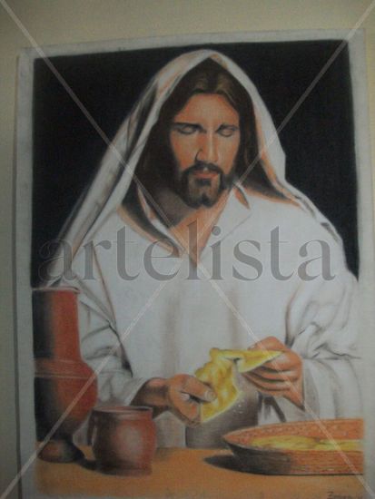 jesus partiendo el pan Pastel Canvas Portrait