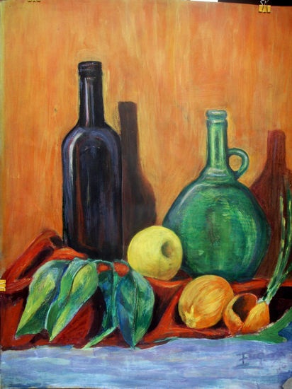 Bodegón botella chile Mixed media Paper Still Life Paintings