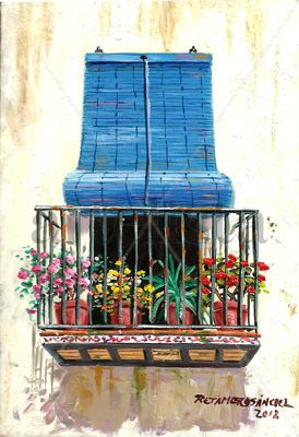 Balcon con persiana azul Óleo Tabla Otros