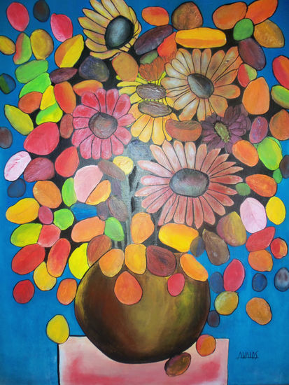 JARRON Y FLORES ENTRE HOJAS Acrylic Canvas Floral Painting