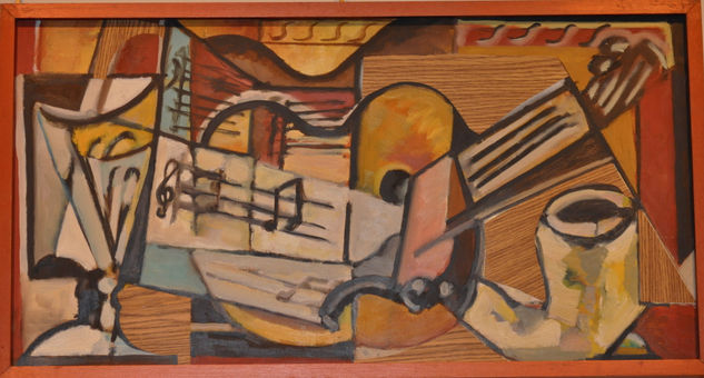 copa, guitarra, partitura y pipa Oil Panel Still Life Paintings