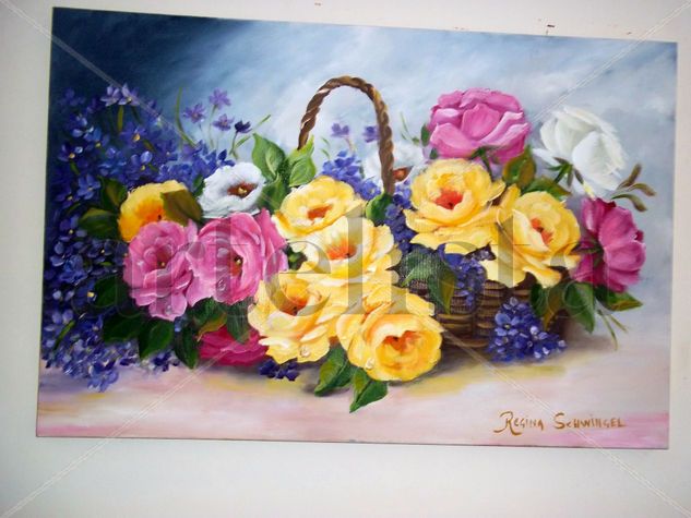 CESTO DE FLORES 48 Oil Textile Floral Painting