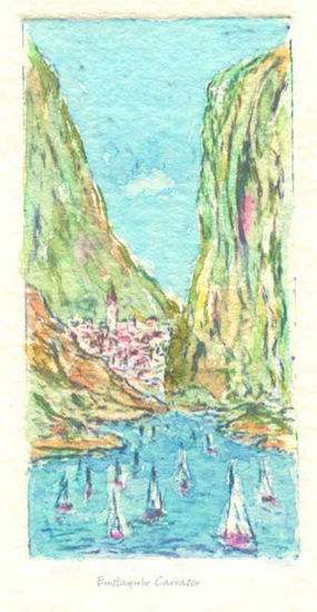 Lago, ciudad y barcos entre el valle Rotogravure