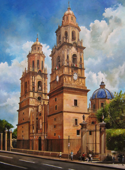 Arquitectura monumental en cantera rosa (Catedral de Morelia) Óleo Lienzo Paisaje