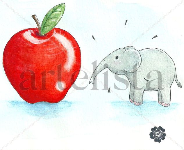 Elefante y manzana. Acuarela Papel Otros