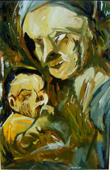 Madre con Hijo en una tarde de Verano Oil Panel Figure Painting