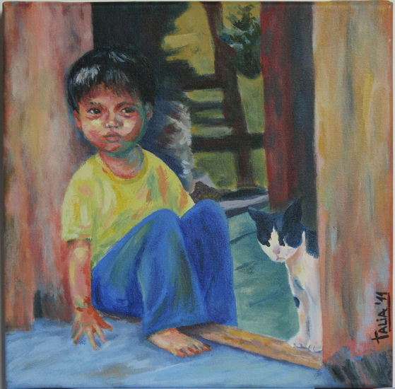 Niño con gato Acrylic Canvas Animals