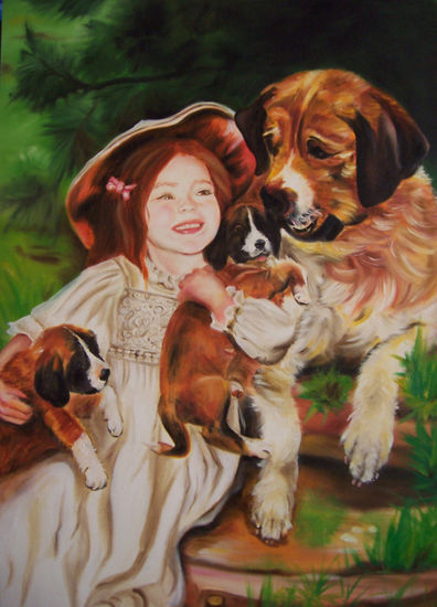 Niña con perros Oil Canvas Portrait