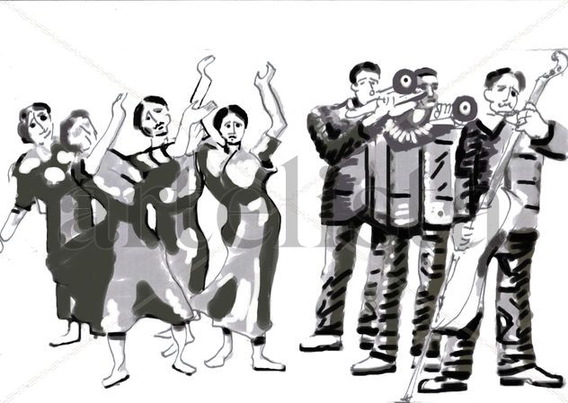 Músicos y danzantes, blanco negro