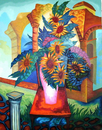 Los Girasoles y la Columna Óleo Lienzo Paisaje