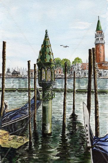 Embarcadero en Venecia Acuarela Papel Paisaje