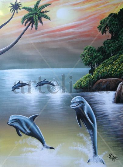 LOS DELFINES DE COSA RICA. Oil Canvas Landscaping