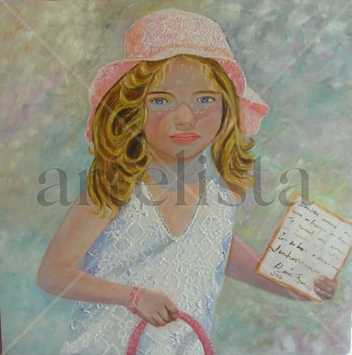 Niña con carta a su mamá Oil Panel Figure Painting