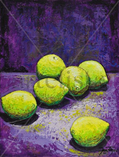 Limones sobre fondo violeta Acrylic Panel Still Life Paintings