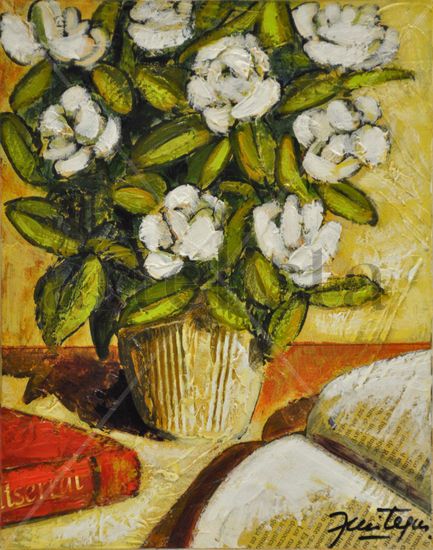 Maceta con planta y flores Acrylic Panel Still Life Paintings