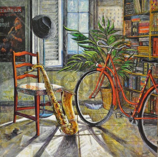 Interior con saxo y bicicleta Acrylic Panel Others