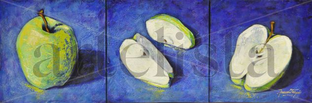 Manzanaz verdes sobre fondo azul Acrylic Canvas Still Life Paintings