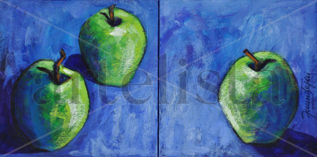 Manzanas verdes sobre azul Acrylic Panel Still Life Paintings