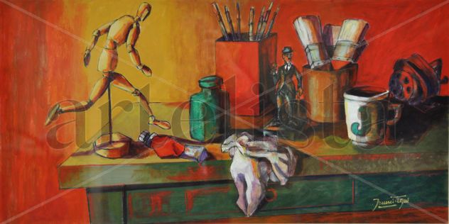 Interior de atelier con muñeco articulado
