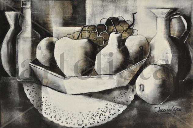 Bodegón con frutas y botellas