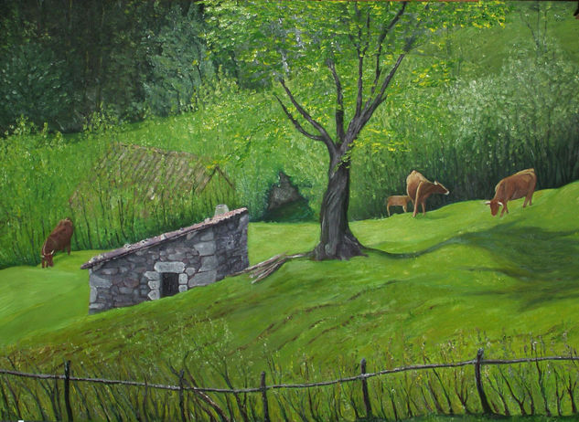 Paisaje con vacas Oil Panel Landscaping