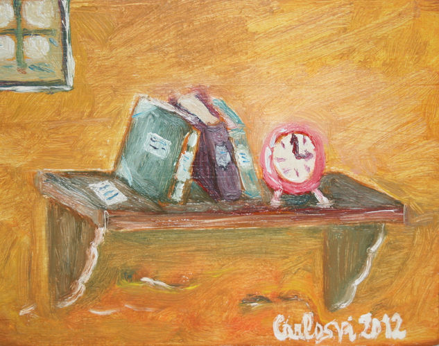 Libros a las tres. Oil Panel Still Life Paintings