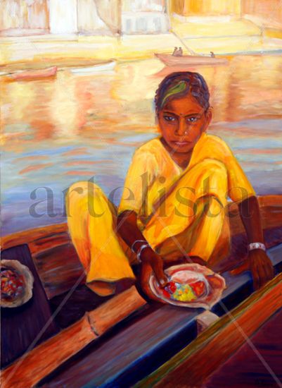 Una chica en el Ganges Oil Canvas Portrait