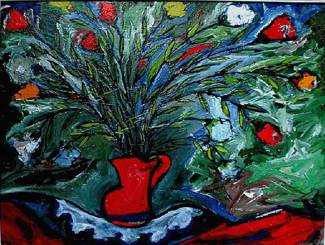 FLORES EN JARRÓN ROJO Oil Canvas Floral Painting