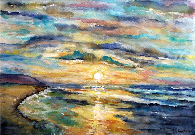 Atardecer en Asturias Watercolour Card Marine Painting