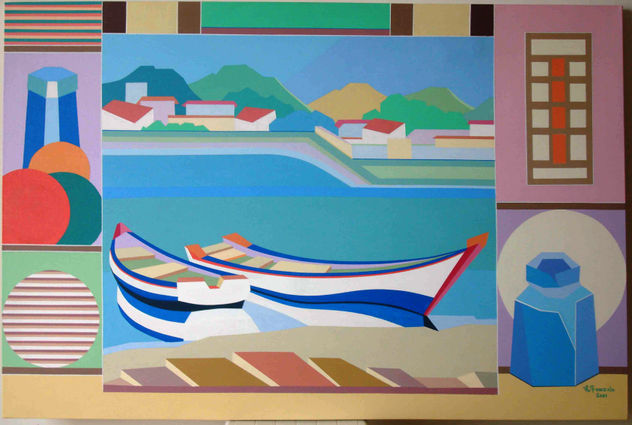 BODEGON CON PAISAJE MARINO
