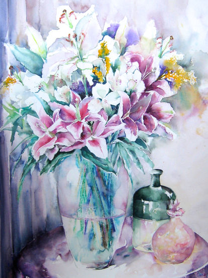 Bodegón con Liliums, Amapola Herrera Watercolour Paper Still Life Paintings