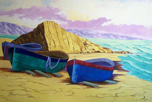 Barcas en la playa Oil Canvas Marine Painting