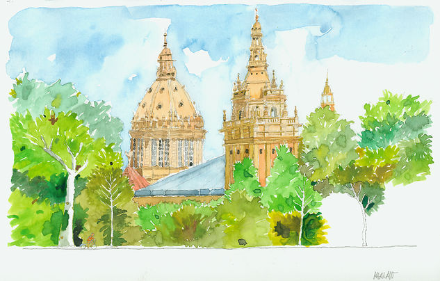 Palau Nacional, sede de El MANC Watercolour Paper Landscaping