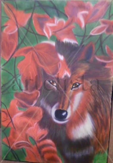 Lobo agazapado Pastel Lienzo Paisaje