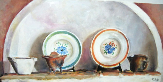 dos platos Oil Panel Still Life Paintings