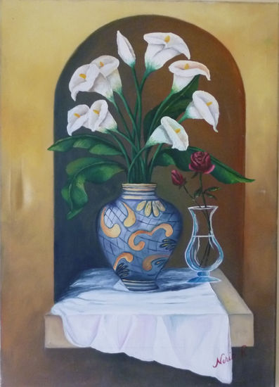 Calas y Jarron Azul Oil Canvas Floral Painting