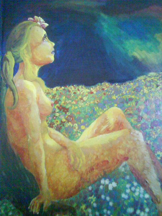 Mujer en Campo de Flores por la Noche