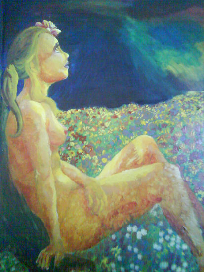 Mujer en Campo de Flores por la Noche Acrylic Panel Nude Paintings