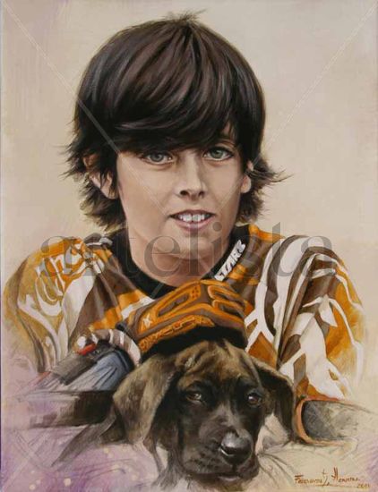 "NIÑO MOTERO CON PERRITA" Óleo Lienzo Retrato