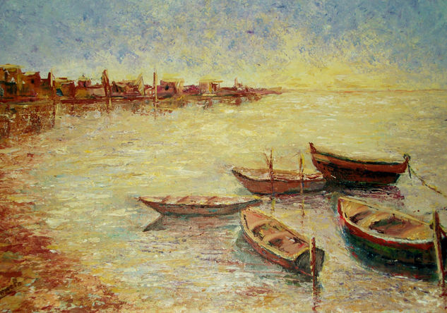 ANCLADAS EN EL PUERTO Gouache Tabla Marina