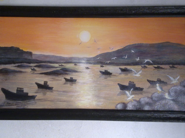 Atardecer en la ria de Arousa con gaviotas Oil Canvas Landscaping