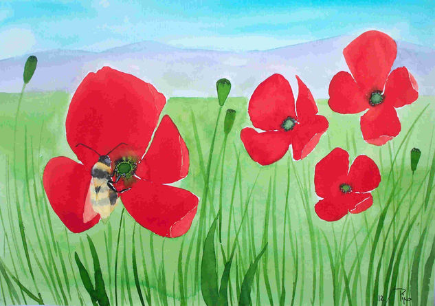 amapolas con abeja Watercolour Paper Floral Painting